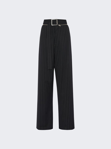 Pinstripe Wool Belted Suit Pants BLACK