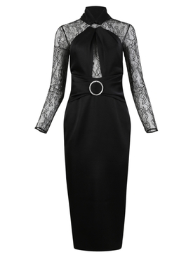Draped Satin Lace Midi Dress With Buckle And Ring Black