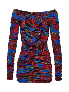 Long Sleeve Floral Mini Dress Blue And Red
