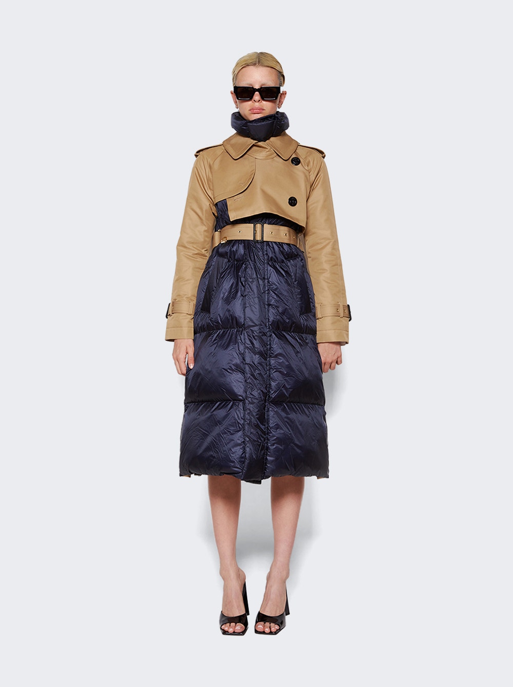 Hybrid Cotton Gabardine Trench Puffer Coat Beige and Navy Hybrid Cotton Gabardine Trench Puffer Coat Beige and Navy