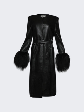 Longline Leather And Shearling Trim Coat Black