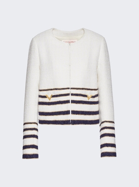 Embellished Striped Bouclé Jacket White and Navy