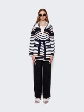 Wool Striped Long Cardigan White and Navy secondary image
