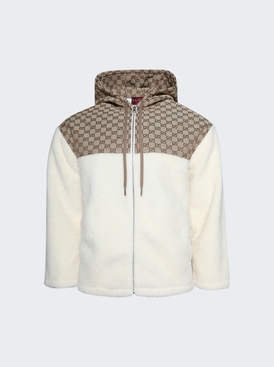 Gg Intarsia Wool Fleece Zip Jacket Off White And Camel