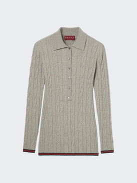Fine Cable And Rib Wool Polo Top Dove Grey