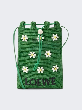 Paula's Ibiza Raffia Pocket Pouch With Flowers Tropical Green And White