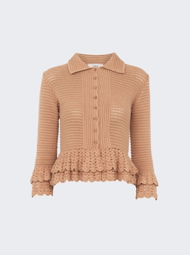 Fitted Ruffled Cardigan In Crochet Knit Cheek Tan