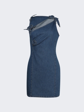 Denim Asymmetric Flower Mini Dress Blue