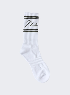 Striped Script Logo Sock White And Olive