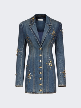 Crystal Button Studded Blazer Dress Dark Blue Wash