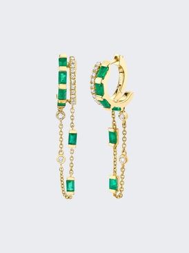 Emerald And Diamond Double Mixed Fringe Huggie Earring 18k Yellow Gold