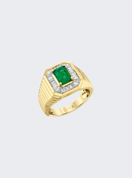 Emerald And Diamond Halo Rivet Champion Ring 18k Yellow Gold