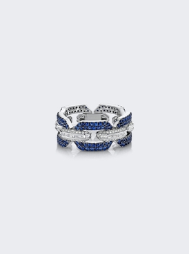 Blue Sapphire & Diamond Pave Geo Link Ring 18k White Gold