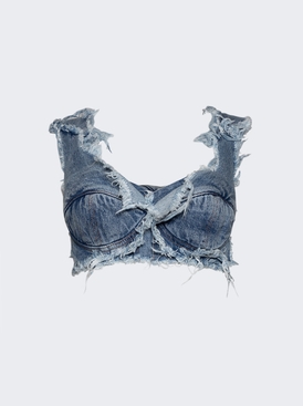 Distressed Denim Double Cropped Bra Light Blue