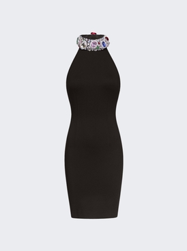 Crystal Gemstone Cluster Halter Mini Dress Black