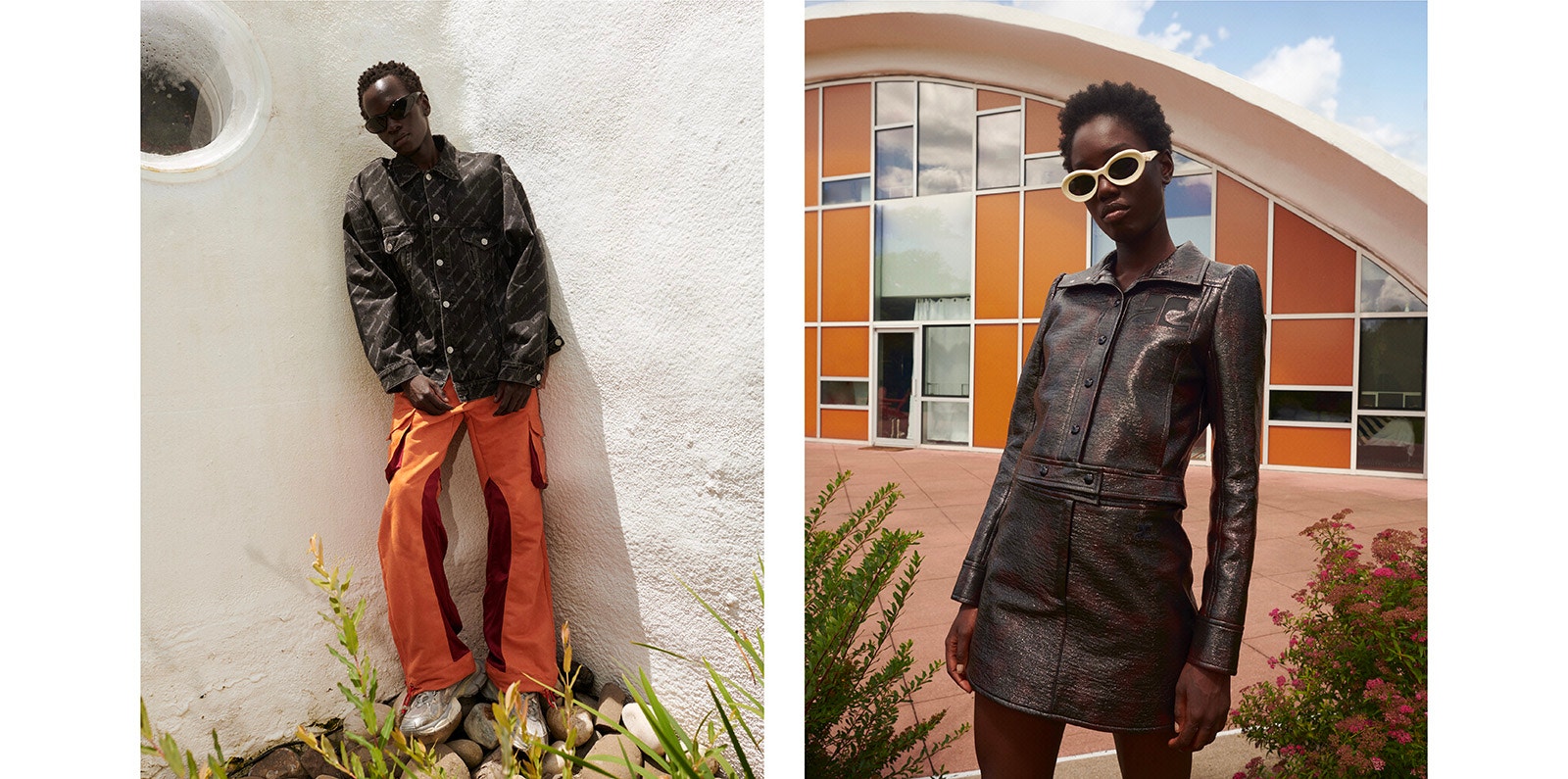 SHOP EXTRAORDINARY ESSENTIALS Male model is wearing Balenciaga jacket, sunglasses, and sneakers. Female model is wearing leather set from Courrèges and Loewe sunglasses